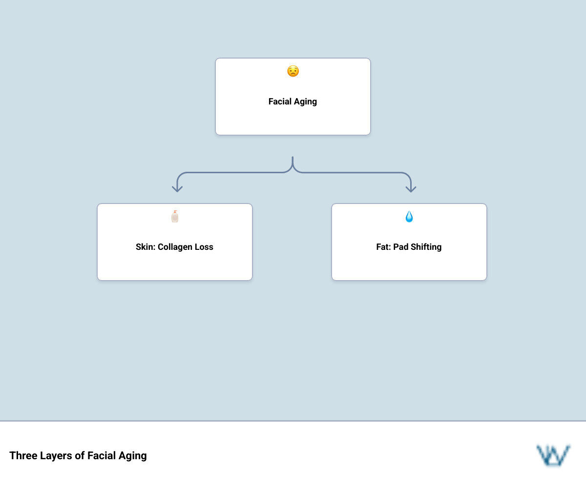 Infographic showing three layers of facial aging: skin collagen loss, fat pad shifting, and muscle weakening - face Infographic showing three layers of facial aging: skin collagen loss, fat pad shifting, and muscle weakening - face