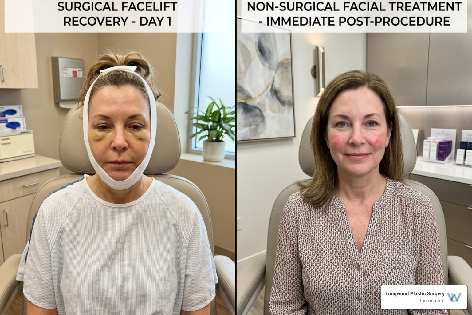 Comparison of surgical facelift recovery vs. non-surgical treatment downtime - face rejuvenation without surgery Comparison of surgical facelift recovery vs. non-surgical treatment downtime - face rejuvenation without surgery