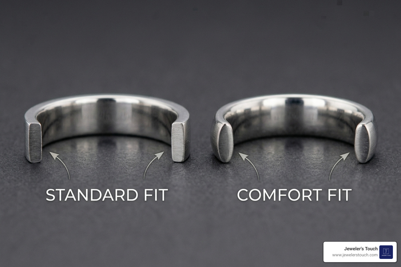 Comparison of standard fit vs comfort fit ring profiles showing the interior curve difference - ring size inner diameter Comparison of standard fit vs comfort fit ring profiles showing the interior curve difference - ring size inner diameter