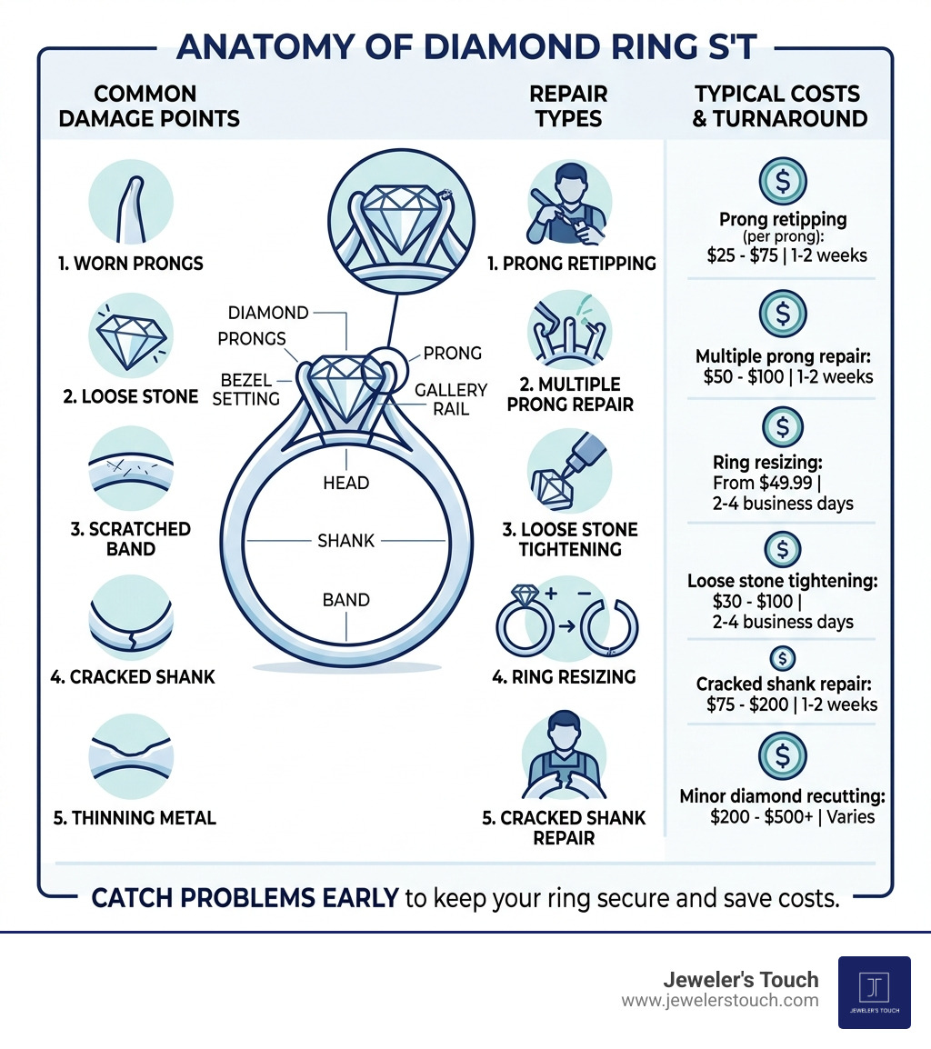 Infographic: anatomy of a diamond ring setting, common damage points, and repair types with costs - diamond ring repair Infographic: anatomy of a diamond ring setting, common damage points, and repair types with costs - diamond ring repair