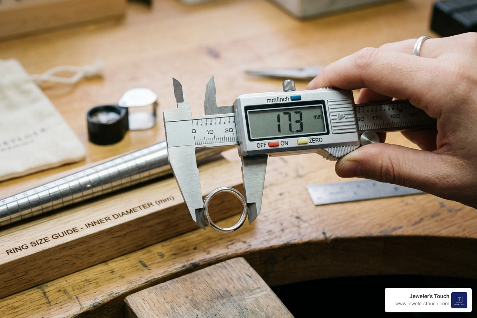 Diagram showing a ruler measuring the internal width of a ring at its widest center point - ring size inner diameter Diagram showing a ruler measuring the internal width of a ring at its widest center point - ring size inner diameter
