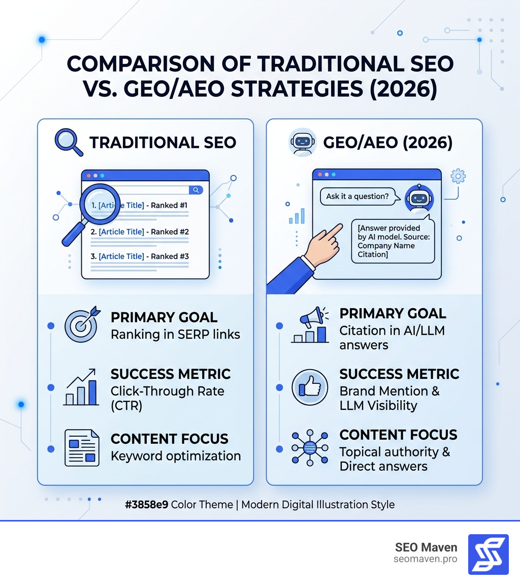 Comparison of traditional SEO vs. GEO/AEO strategies - content creation agencies infographic Comparison of traditional SEO vs. GEO/AEO strategies - content creation agencies infographic
