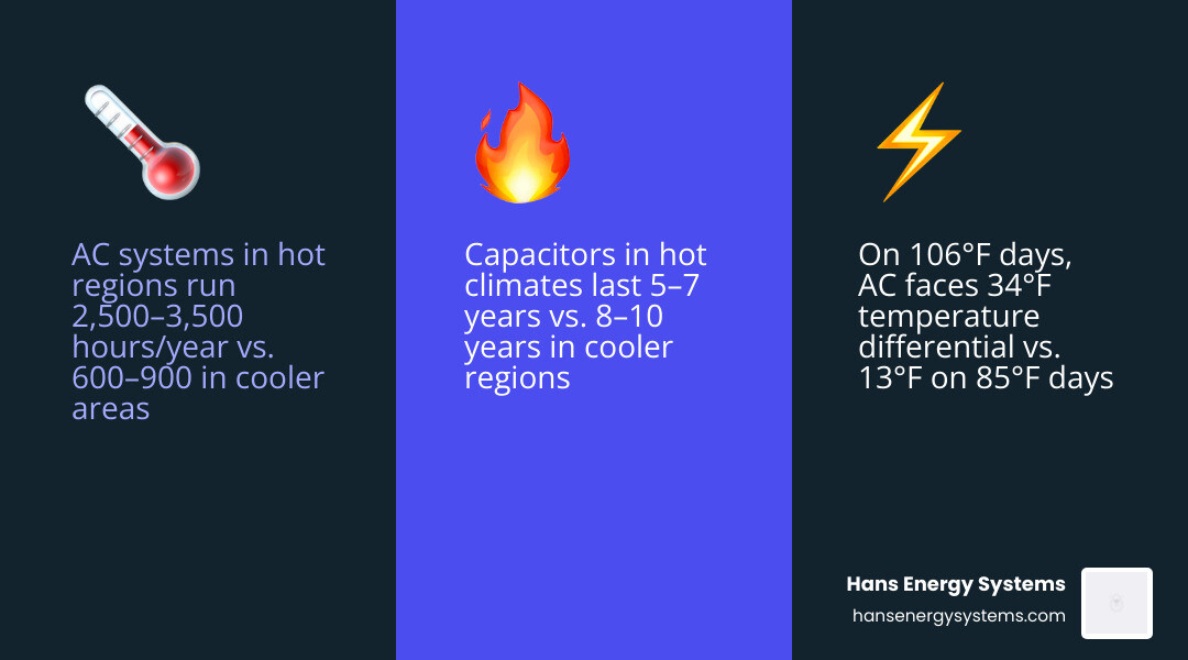 Infographic showing 20-degree cooling differential rule and top causes of early AC failure in hot regions - why some air Infographic showing 20-degree cooling differential rule and top causes of early AC failure in hot regions - why some air
