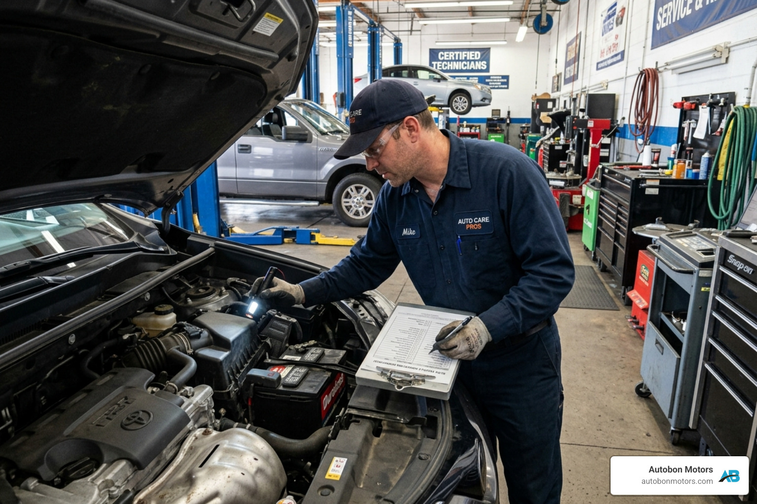 technician performing a multi-point inspection on a used car - fort lauderdale used cars