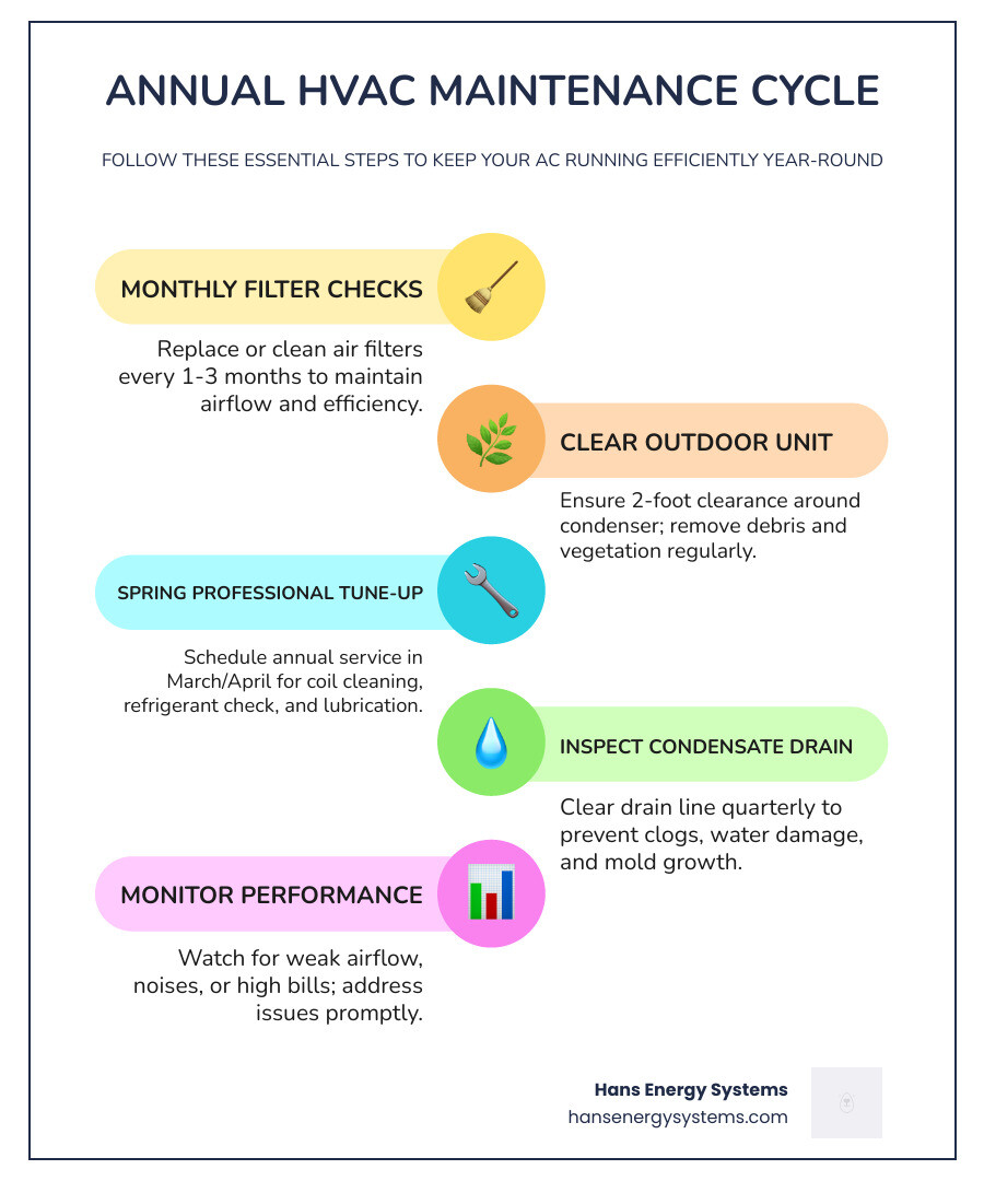 Annual HVAC maintenance cycle infographic showing monthly filter checks, spring tune-up, and seasonal tasks - ac maintenance