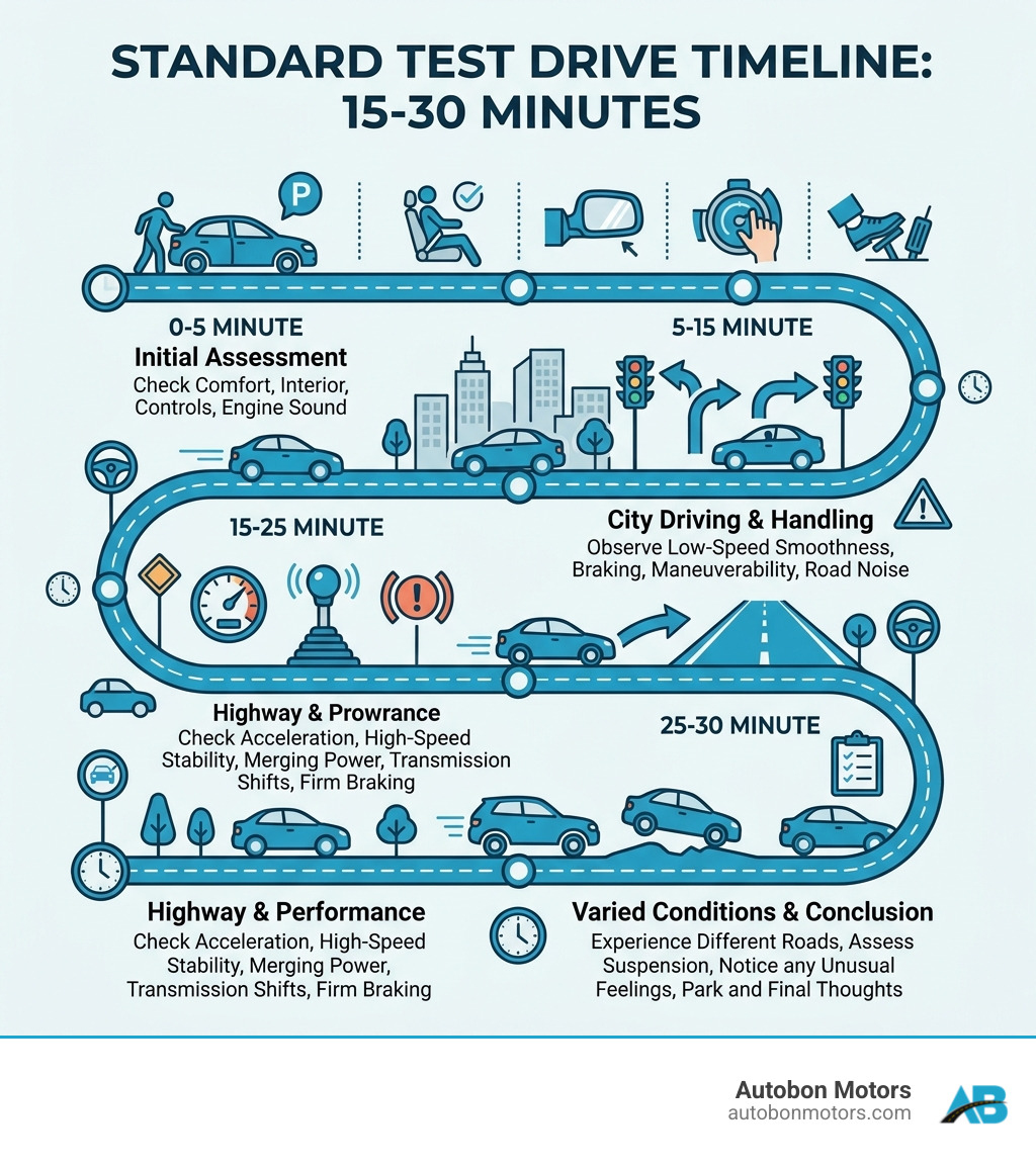 infographic showing 15-30 minute standard test drive timeline with key checkpoints - how long should you test drive a used