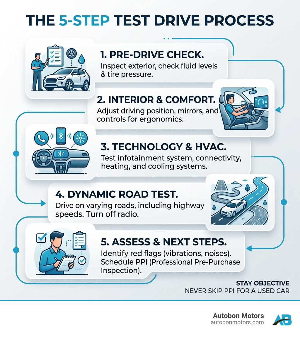 infographic summarizing the 5-step test drive process - how long should you test drive a used car infographic 