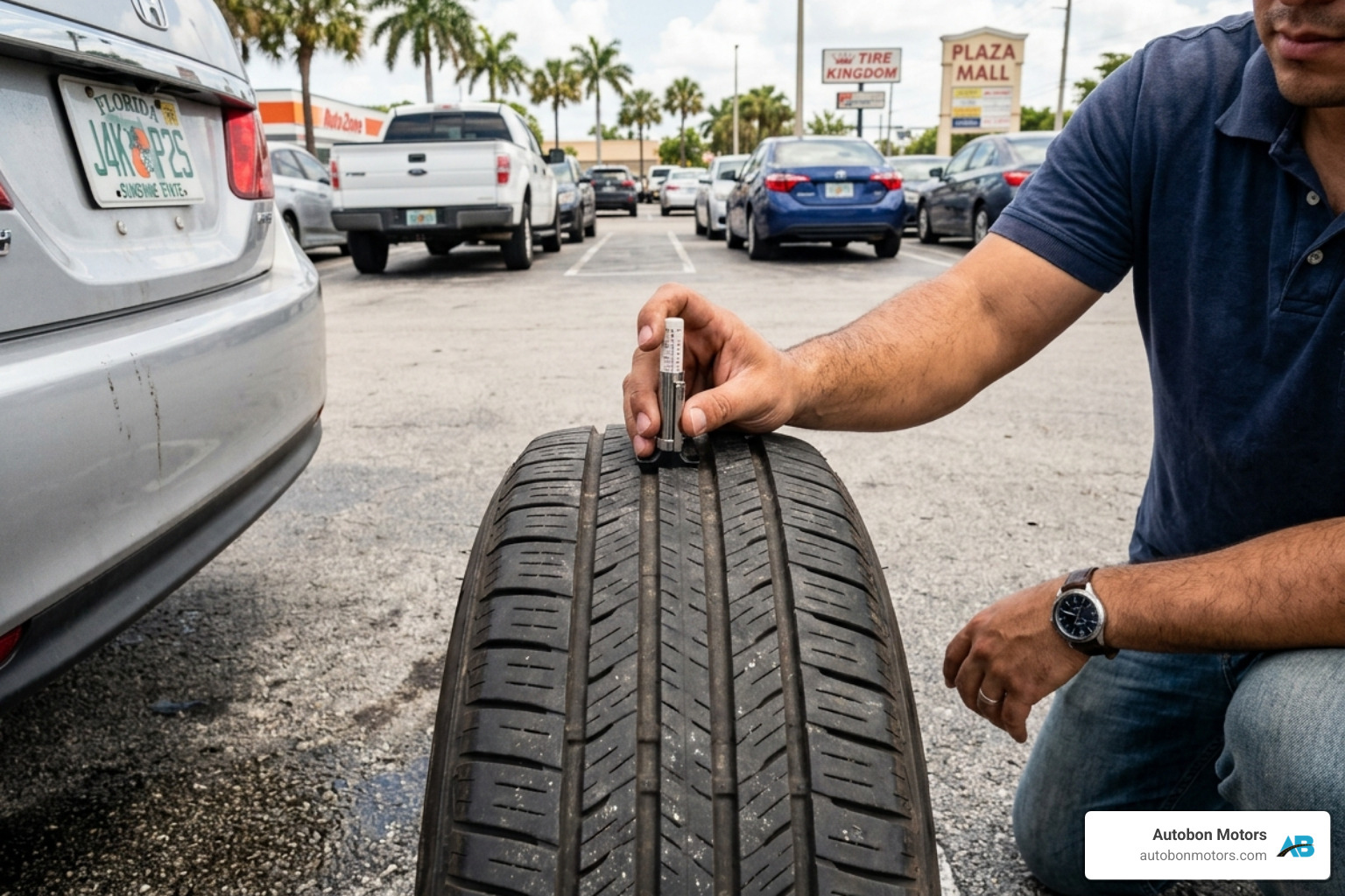 person checking tire tread depth with a gauge - how long should you test drive a used car