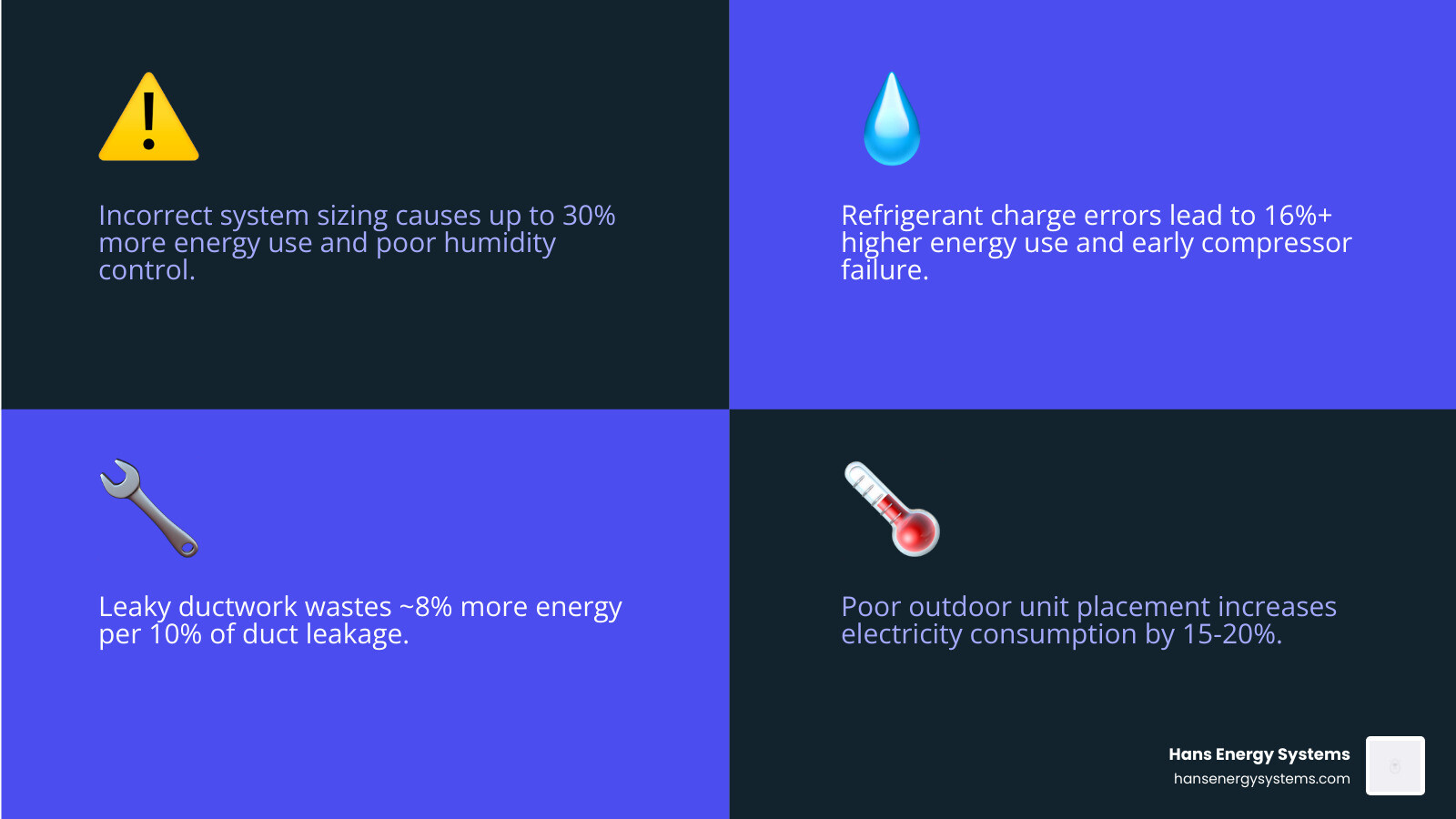Infographic showing 5 installation faults and their percentage impact on AC energy waste and cooling performance - how