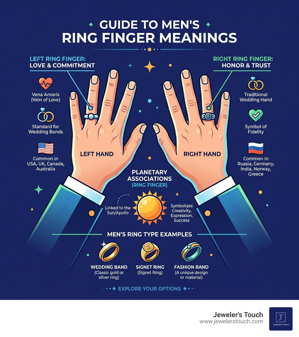 Infographic showing ring finger meanings for men, hand placement traditions, and planetary associations - men ring finger Infographic showing ring finger meanings for men, hand placement traditions, and planetary associations - men ring finger