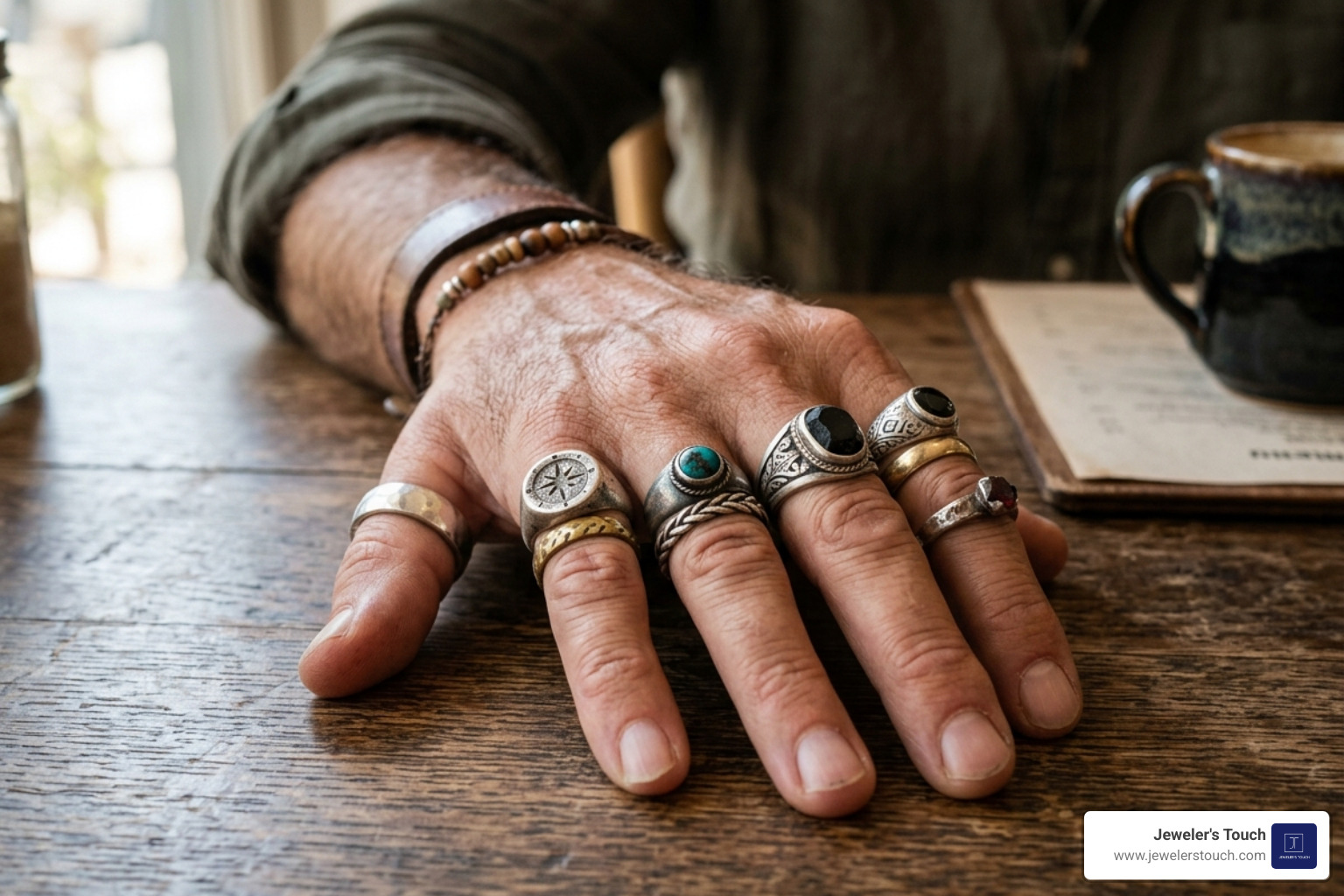 Man wearing rings on all five fingers to demonstrate balance and visual weight - men ring finger Man wearing rings on all five fingers to demonstrate balance and visual weight - men ring finger