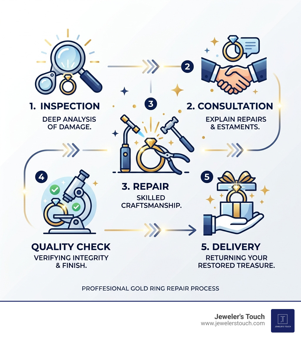 5-step professional gold ring repair process infographic: Inspection, Consultation, Repair, Quality Check, Delivery - gold 5-step professional gold ring repair process infographic: Inspection, Consultation, Repair, Quality Check, Delivery - gold