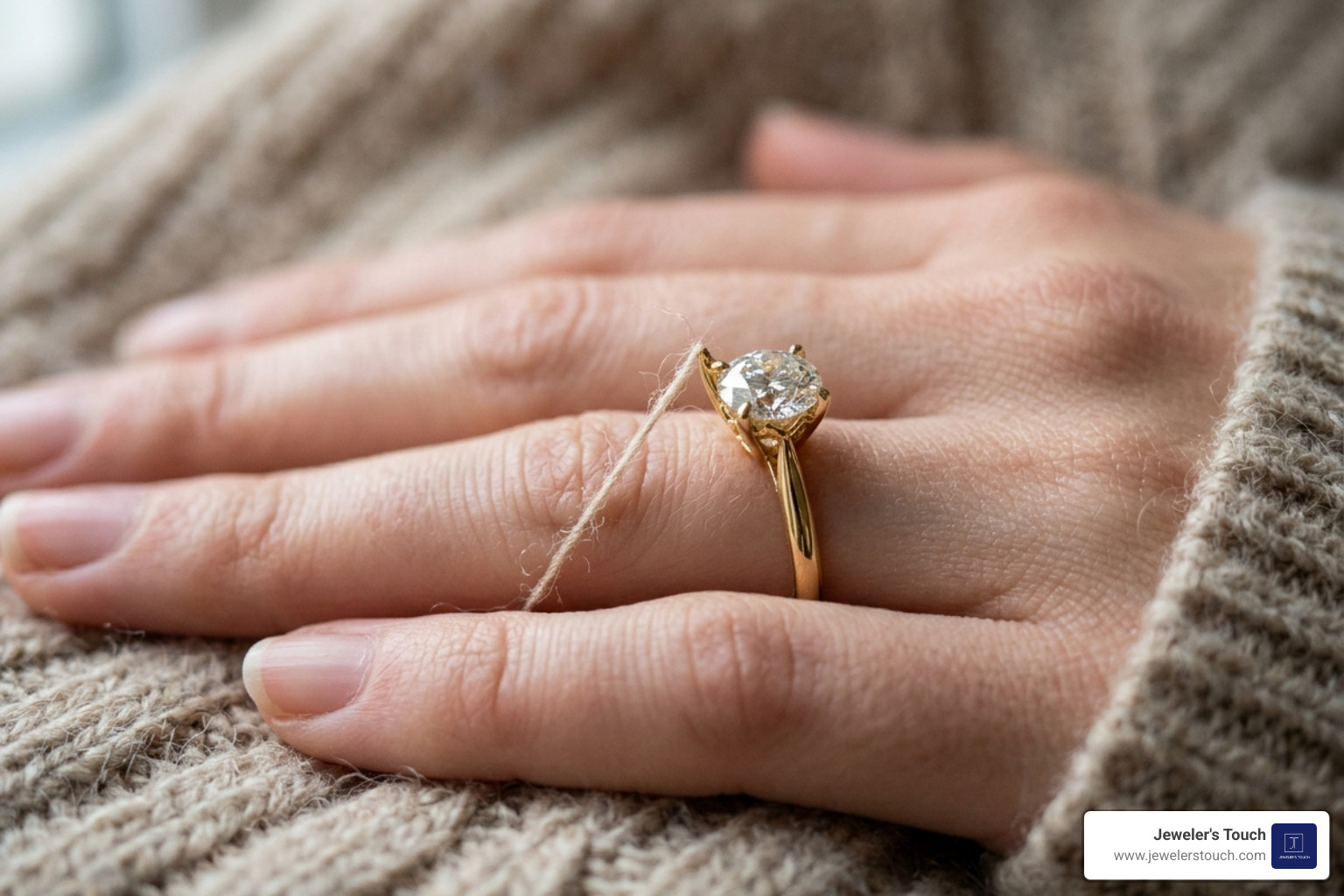 A gold ring prong snagging on delicate fabric, indicating the need for repair - gold ring repair near me A gold ring prong snagging on delicate fabric, indicating the need for repair - gold ring repair near me