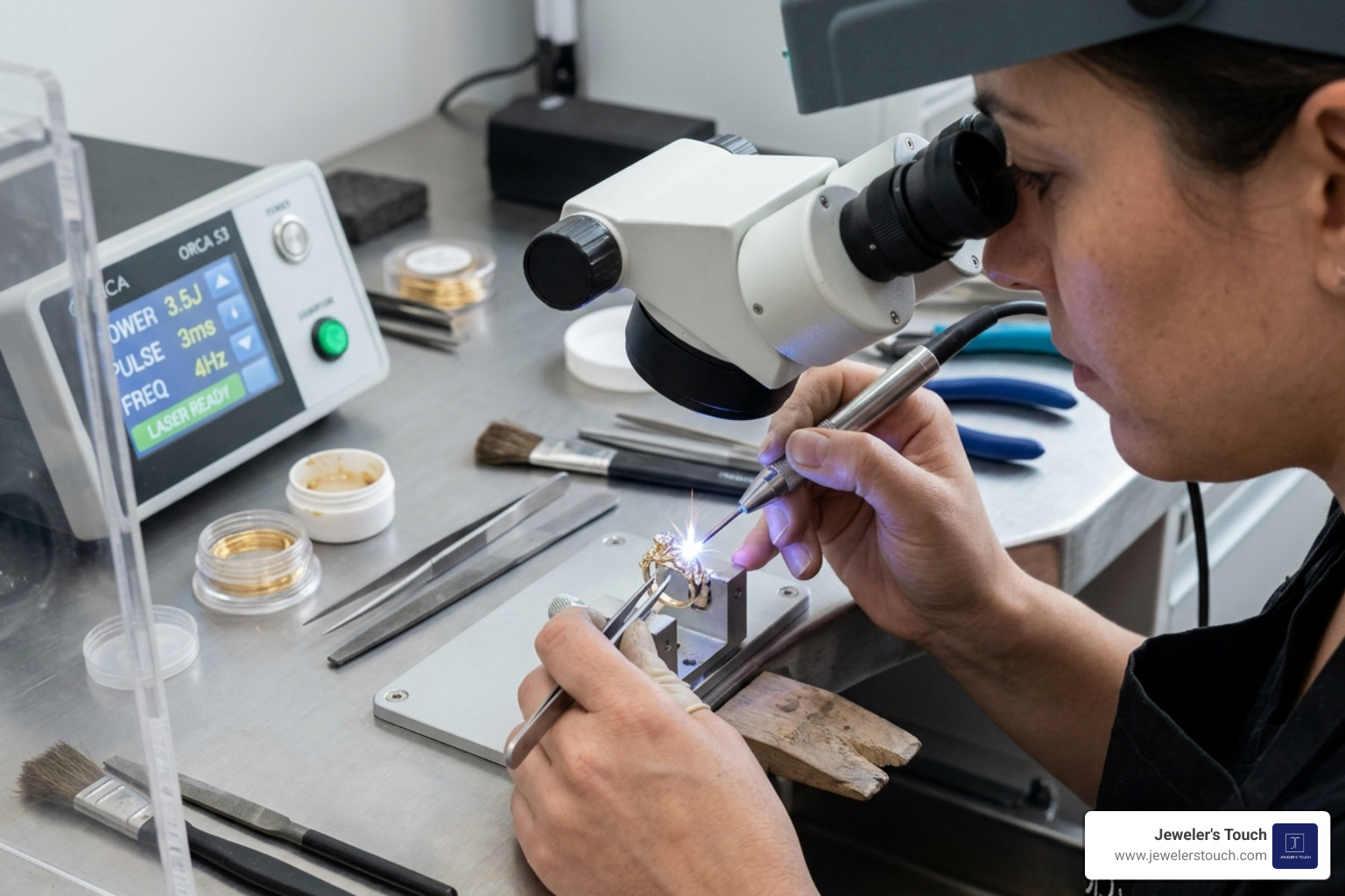 Professional jeweler using a laser welder for a precision gold ring repair - gold ring repair near me Professional jeweler using a laser welder for a precision gold ring repair - gold ring repair near me