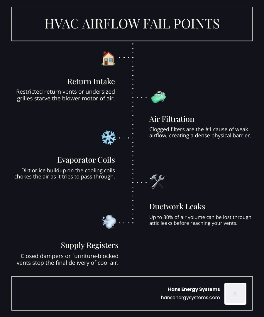 Infographic showing the HVAC airflow cycle and common causes of weak airflow from vents in hot weather - what causes weak