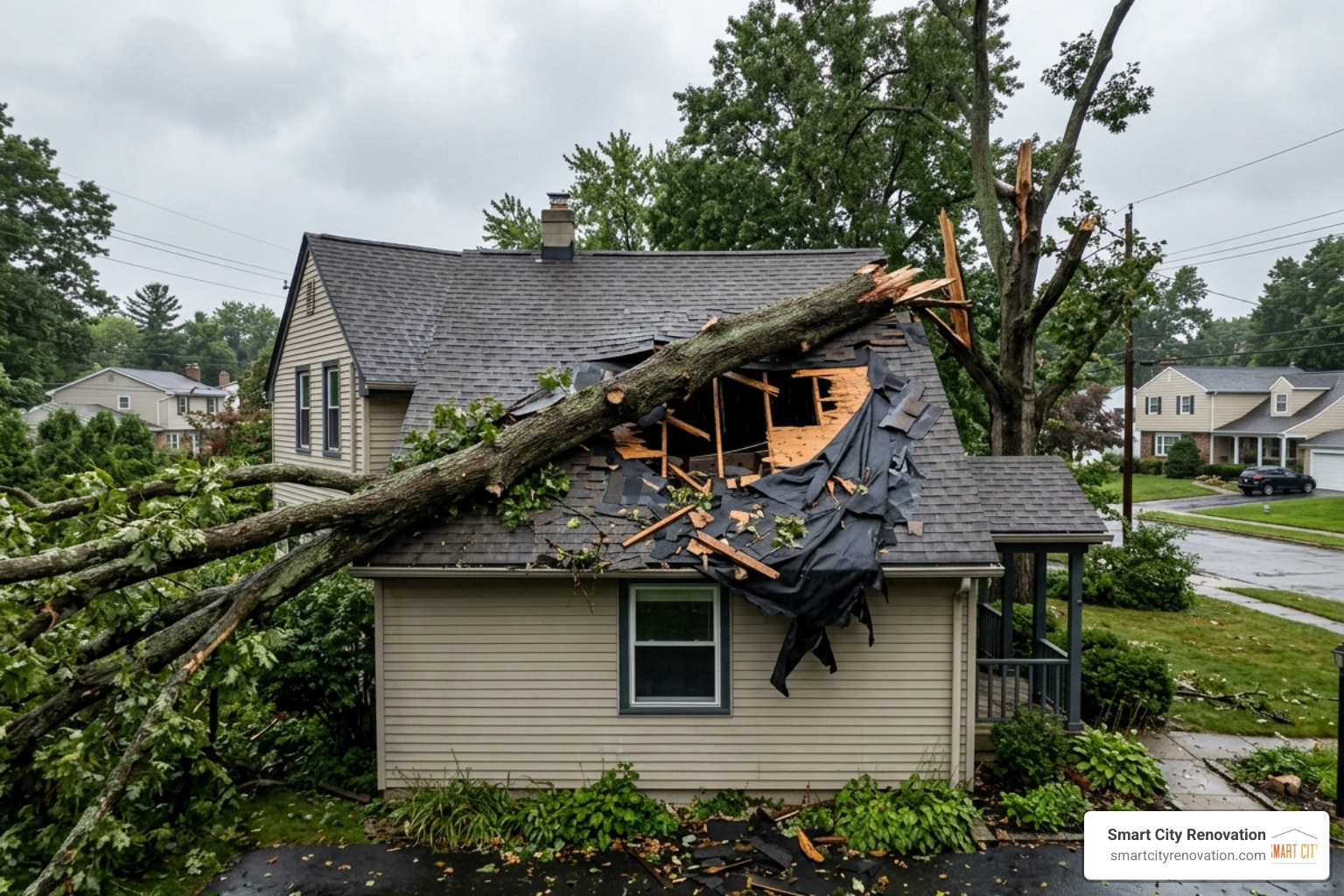 A punctured roof membrane from a tree limb after a storm - emergency roofing repair near me A punctured roof membrane from a tree limb after a storm - emergency roofing repair near me