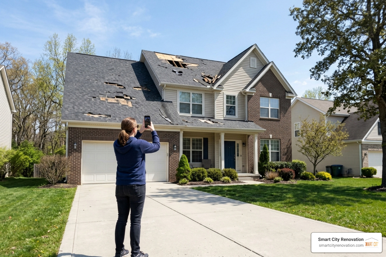 A homeowner safely documenting roof damage from the ground using a phone - emergency roofing repair near me A homeowner safely documenting roof damage from the ground using a phone - emergency roofing repair near me