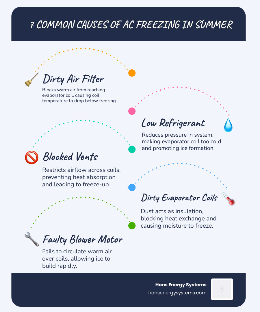 infographic showing the 7 most common causes of AC freezing in summer with simple icons and brief descriptions - why is my