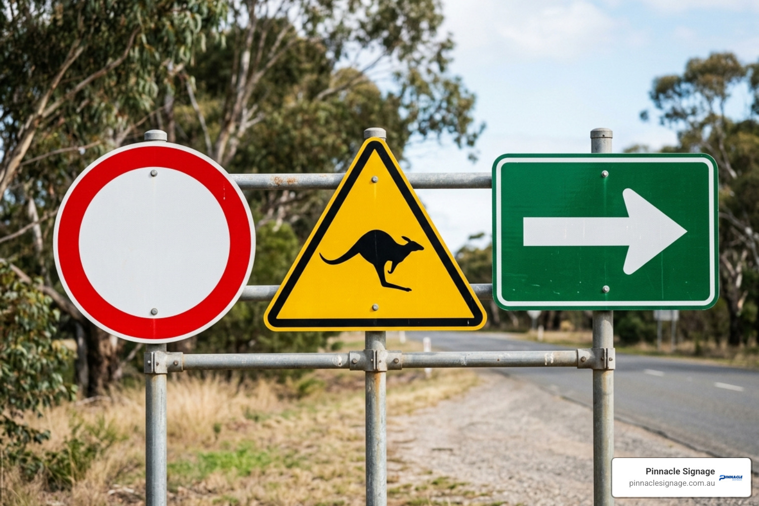 A trio of road signs including a red prohibition circle, a yellow kangaroo warning triangle, and a green directional arrow, showcasing mandatory cautionary and informatory signs.