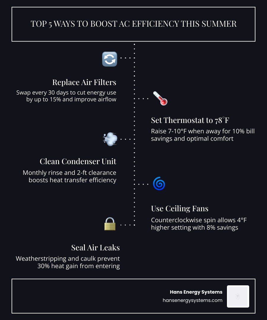 Infographic summarizing 10 summer AC efficiency tips for San Diego homeowners - how to keep your ac running efficiently all