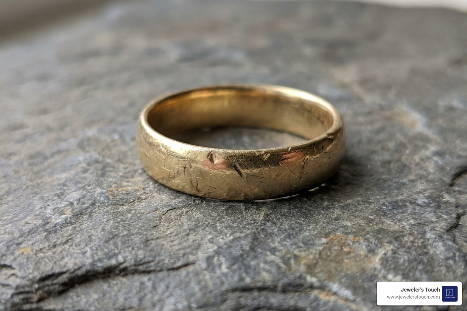 scratched and dented gold ring showing signs of heavy wear - gold ring repair