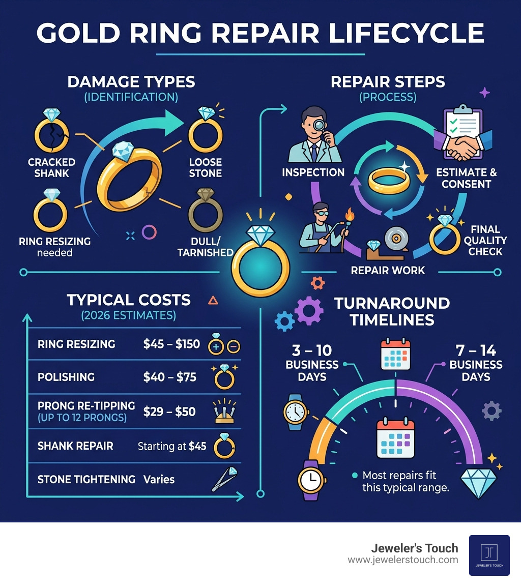 Gold ring repair process lifecycle infographic showing damage types, repair steps, costs, and timelines - gold ring repair