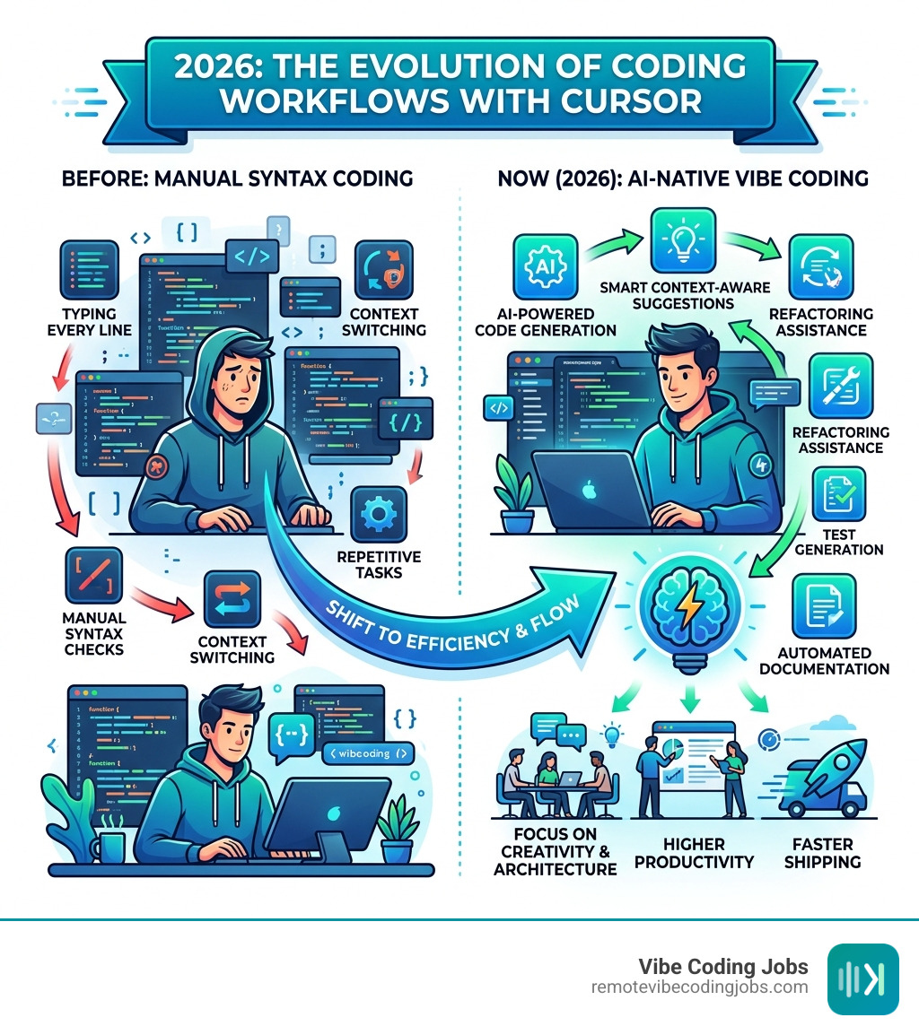 Infographic: shift from manual syntax coding to AI-native vibe coding workflows with Cursor in 2026 - cursor ai coding jobs