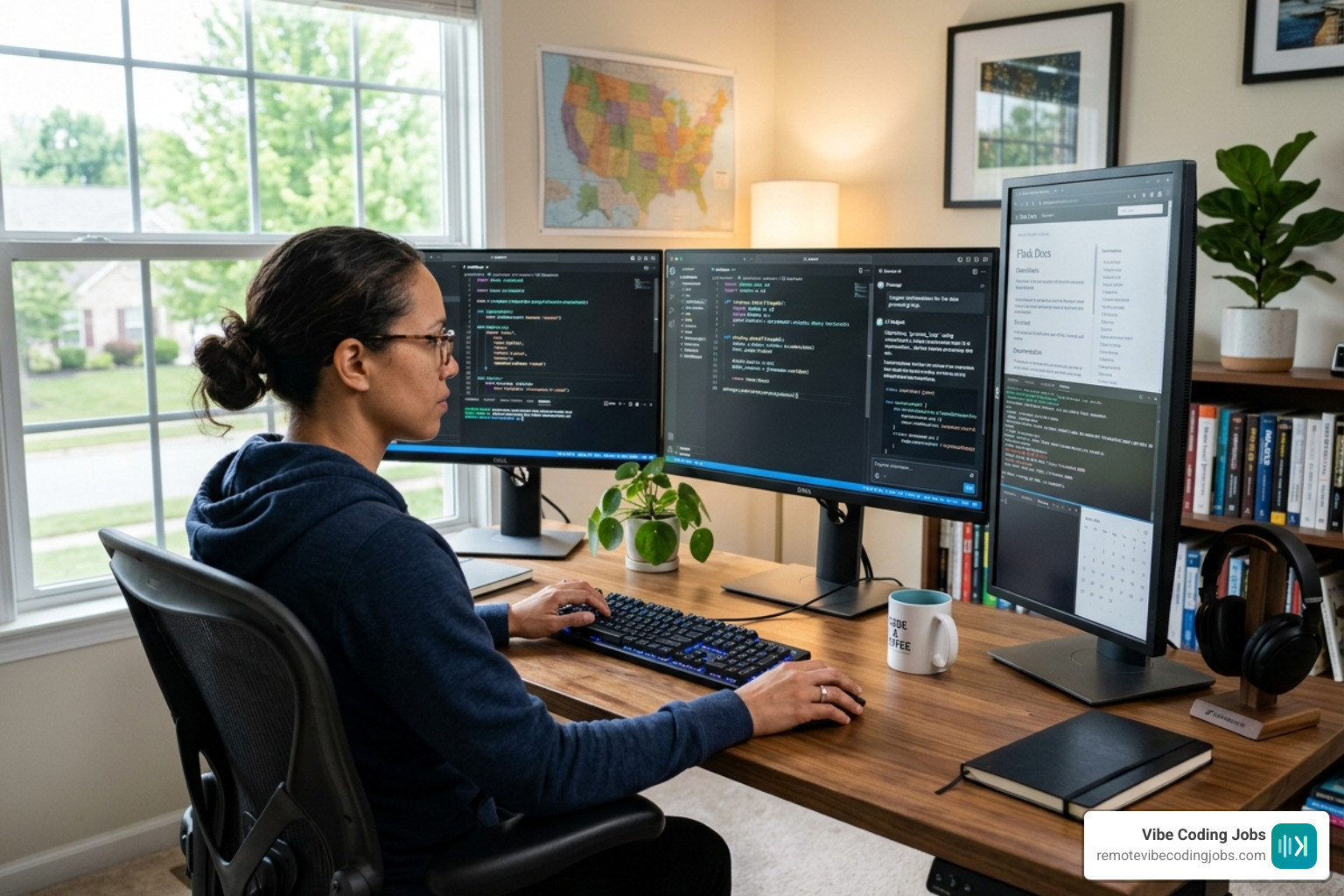 a remote developer using Cursor AI on a multi-monitor setup in a comfortable home office - cursor ai coding jobs