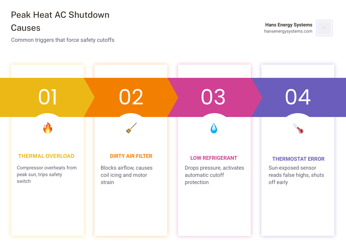 Infographic showing the 20-degree AC cooling rule, common peak heat shutdown causes, and quick homeowner checks - why does