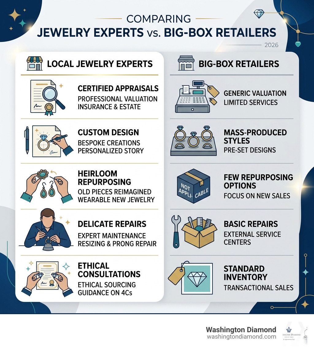 Benefits of local jewelry experts vs. big-box retailers infographic - local jewelry experts infographic Benefits of local jewelry experts vs. big-box retailers infographic - local jewelry experts infographic