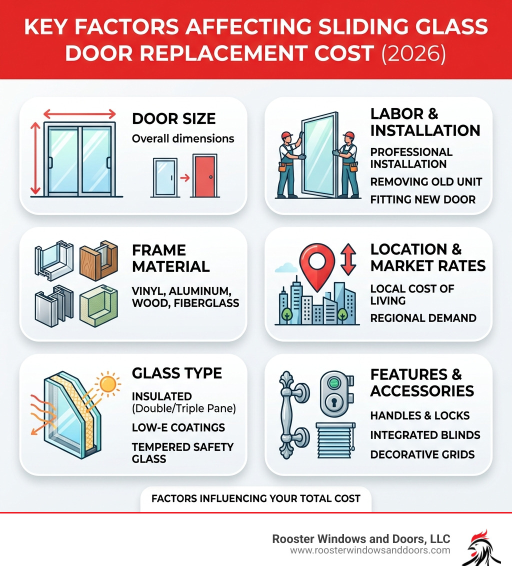 Infographic showing key factors that affect sliding glass door replacement cost in 2026 - cost of replacing sliding door Infographic showing key factors that affect sliding glass door replacement cost in 2026 - cost of replacing sliding door
