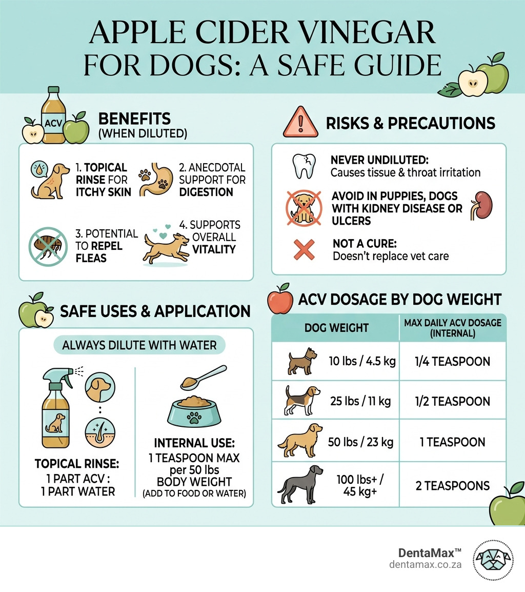 Apple cider vinegar for dogs: benefits, risks, safe uses and dosage by weight infographic - apple cider vinegar dogs