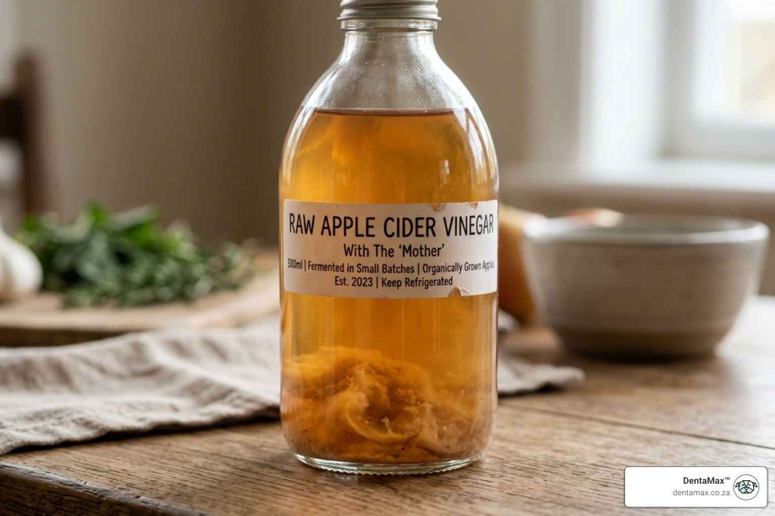 The cloudy "mother" sediment in a glass bottle of apple cider vinegar - apple cider vinegar dogs