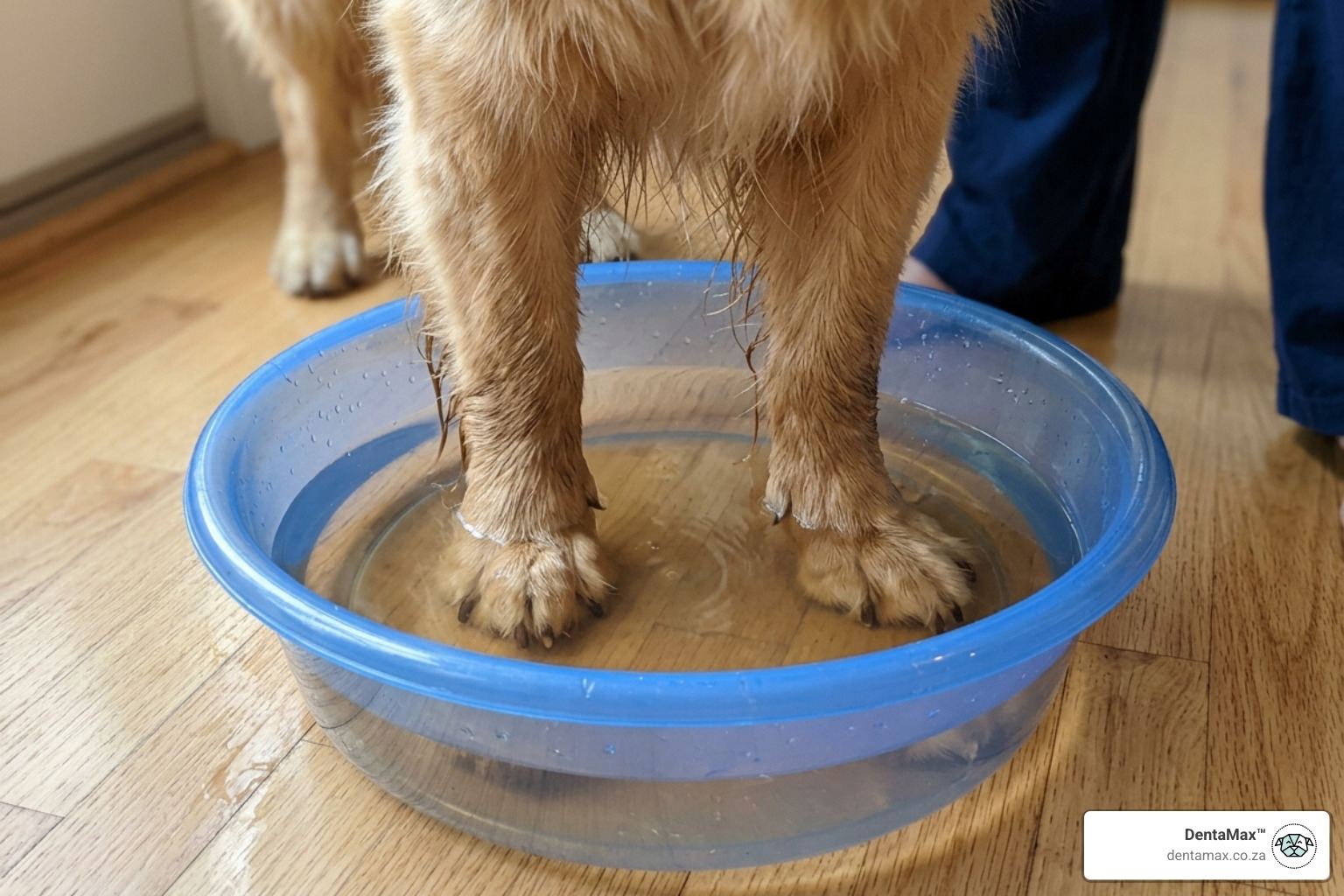 A dog having its paws soaked in a basin of diluted apple cider vinegar - apple cider vinegar dogs