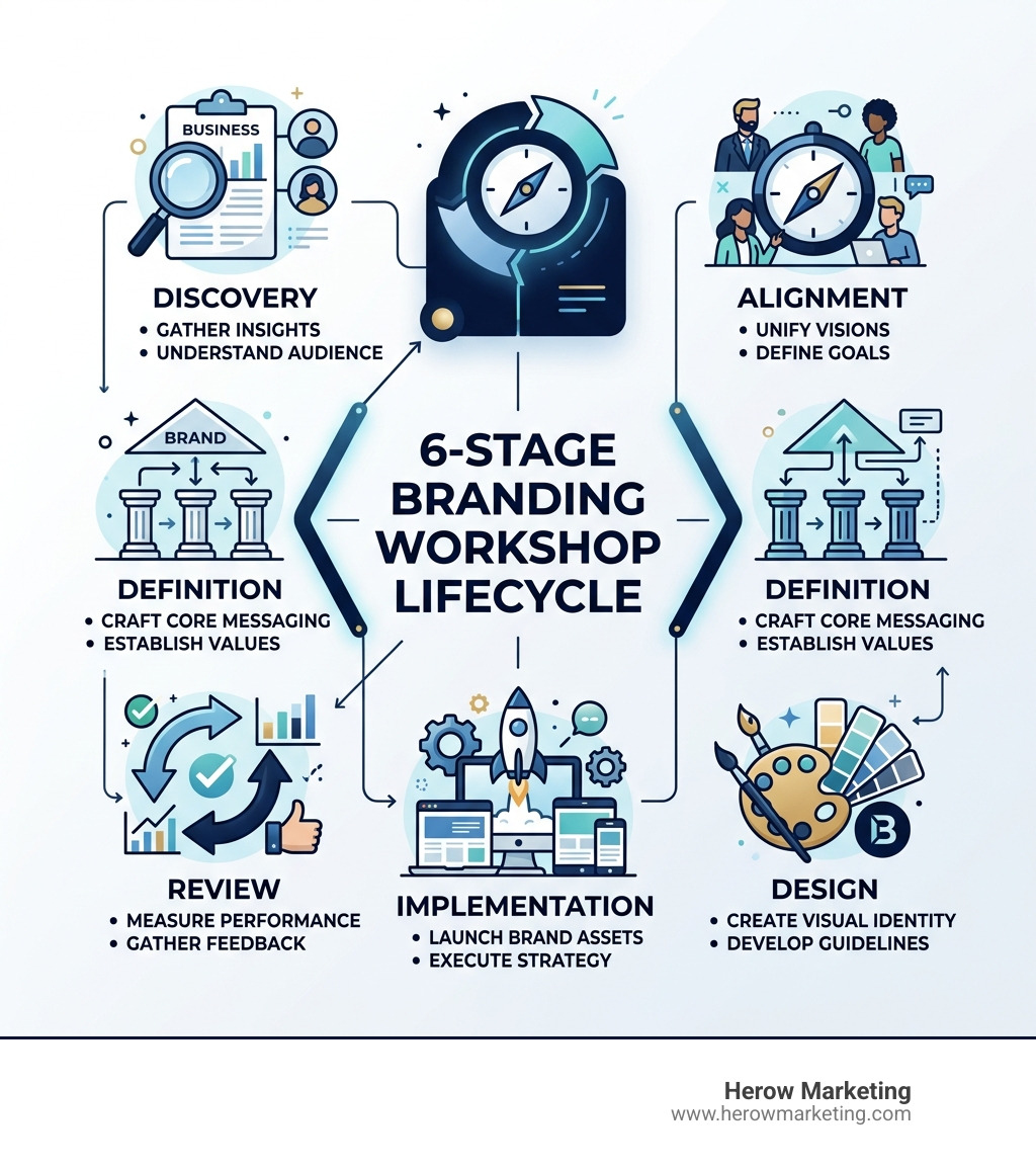 6-stage branding workshop lifecycle infographic: Discovery, Alignment, Definition, Design, Implementation, Review - branding