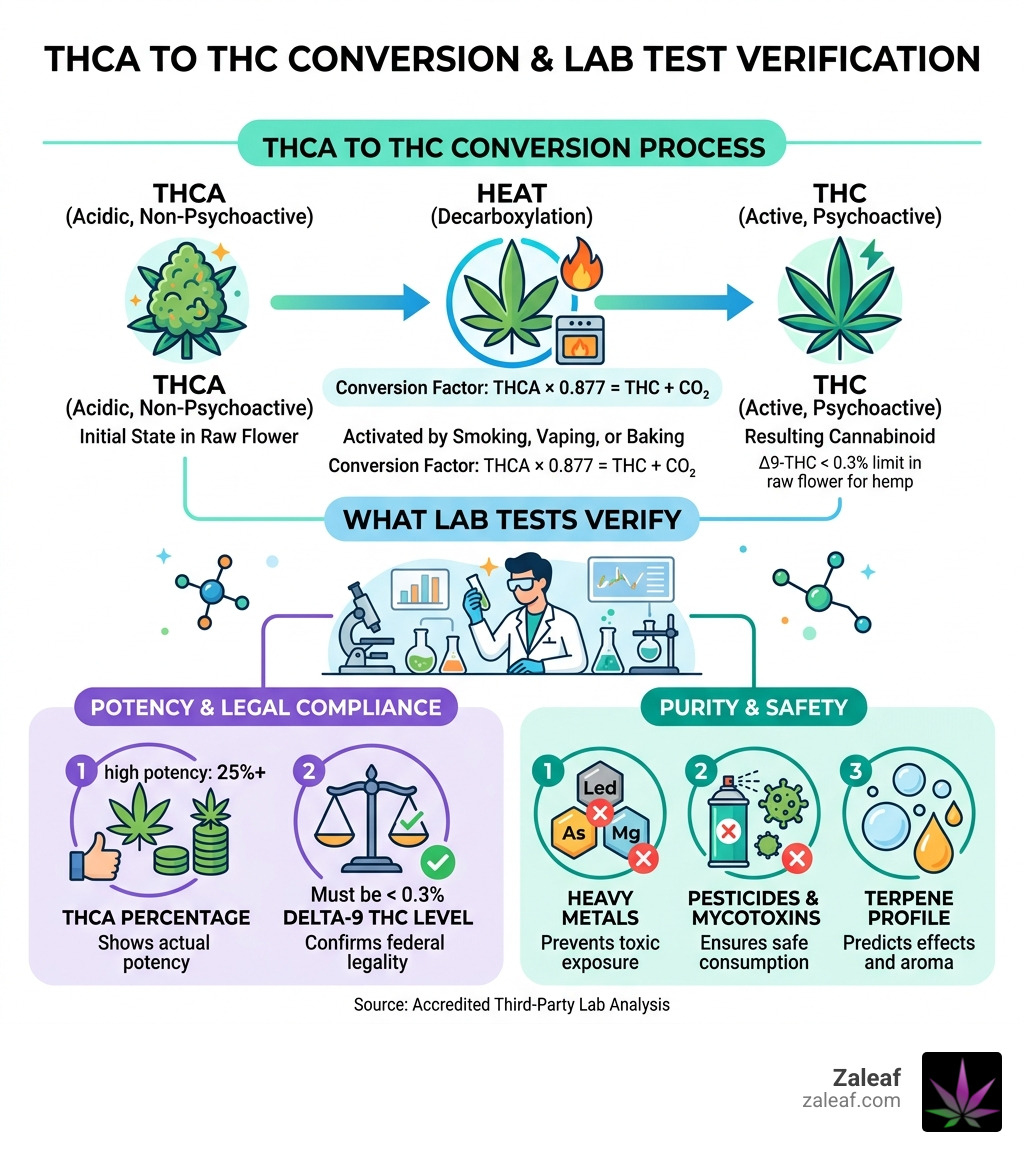 Infographic showing THCA to THC conversion process and what lab tests verify - lab tested THCa infographic Infographic showing THCA to THC conversion process and what lab tests verify - lab tested THCa infographic