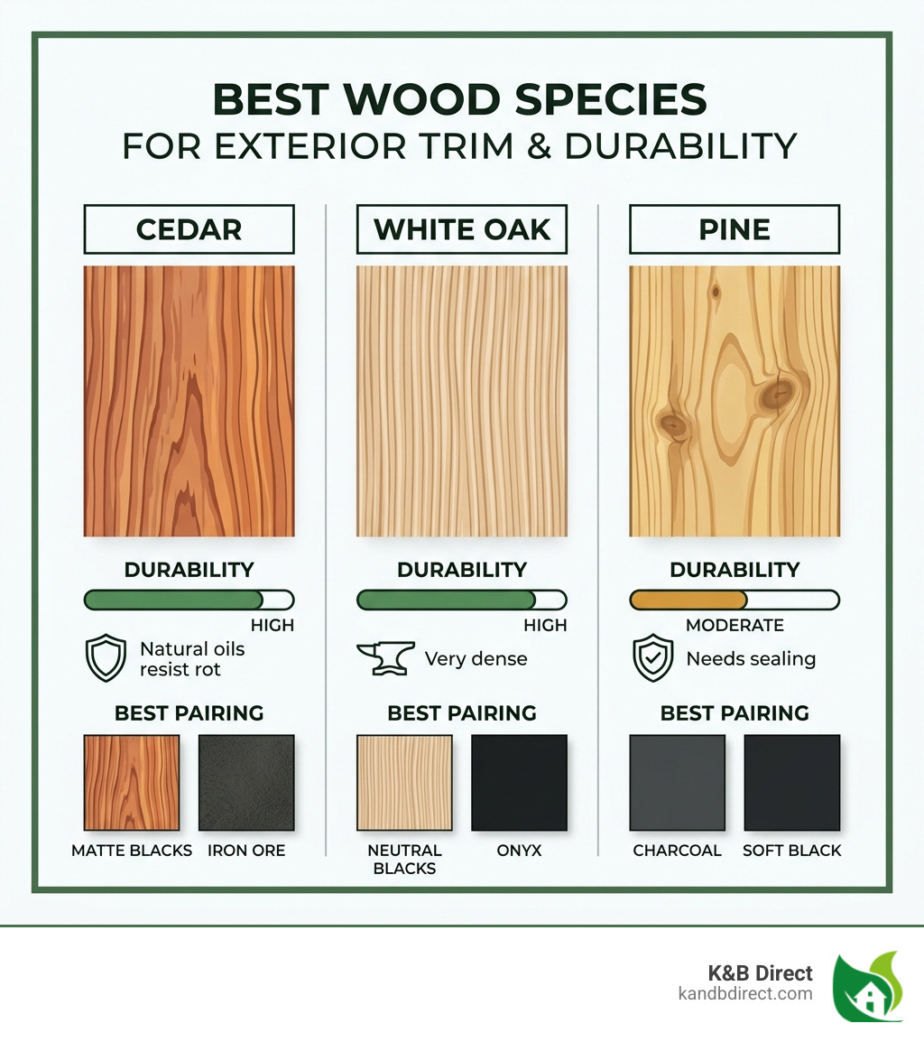 Wood durability and grain patterns for exterior trim - black house with wood trim infographic 