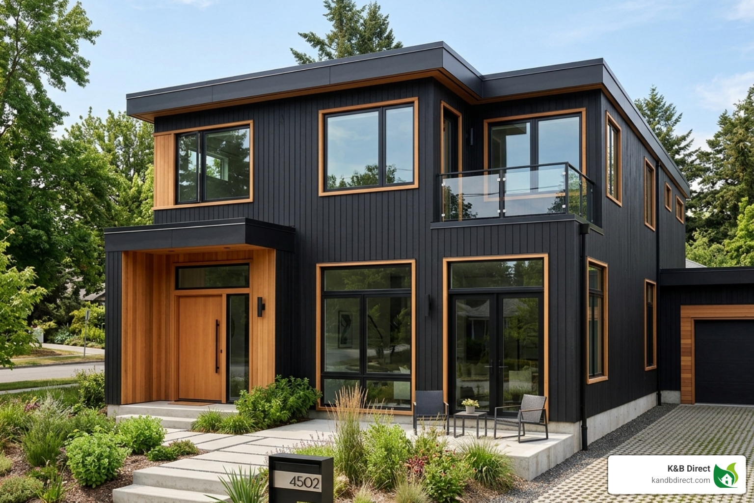 Matte black siding on a modern home exterior - black house with wood trim