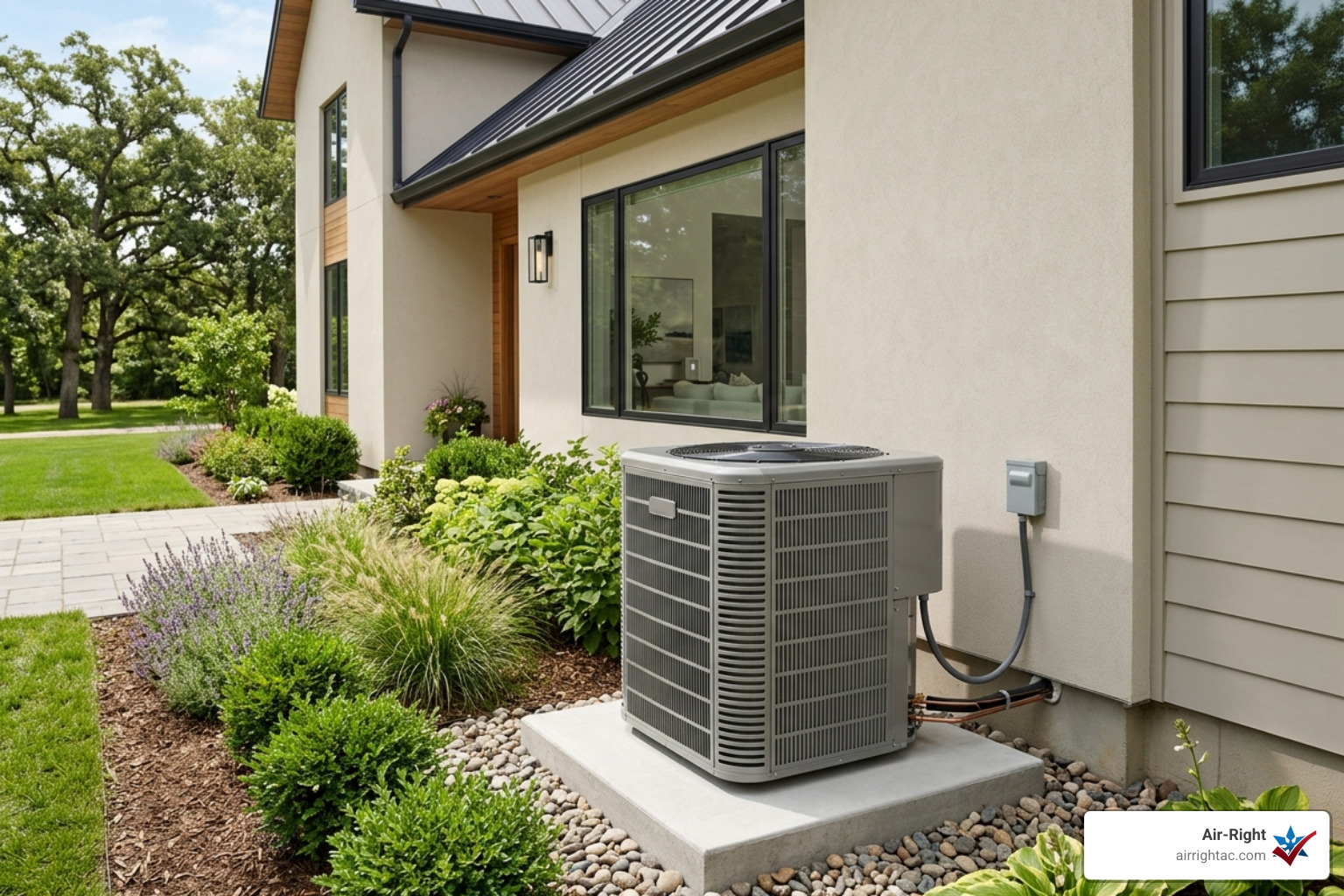 High-efficiency SEER2 compliant air conditioner installed at a modern home - when to repair vs replace your ac system High-efficiency SEER2 compliant air conditioner installed at a modern home - when to repair vs replace your ac system