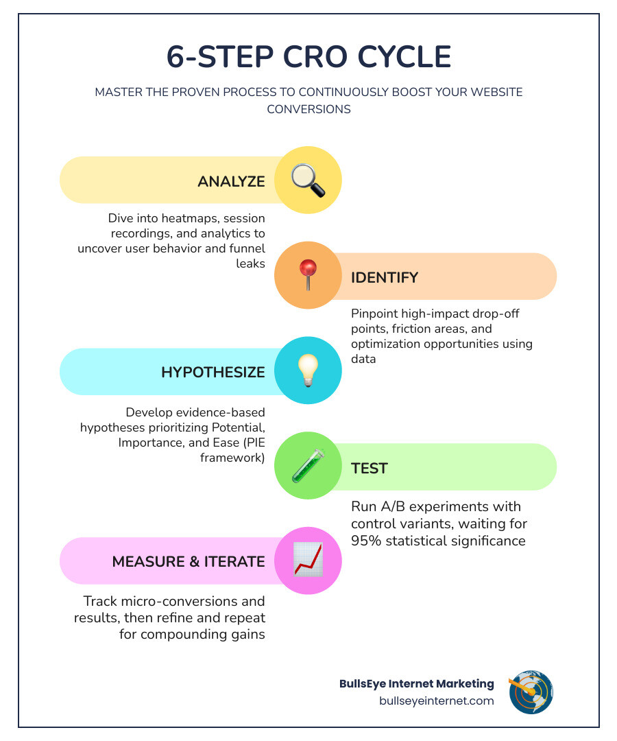 6-step CRO cycle infographic: Analyze, Identify, Hypothesize, Test, Measure, Iterate - CRO best practices infographic 6-step CRO cycle infographic: Analyze, Identify, Hypothesize, Test, Measure, Iterate - CRO best practices infographic