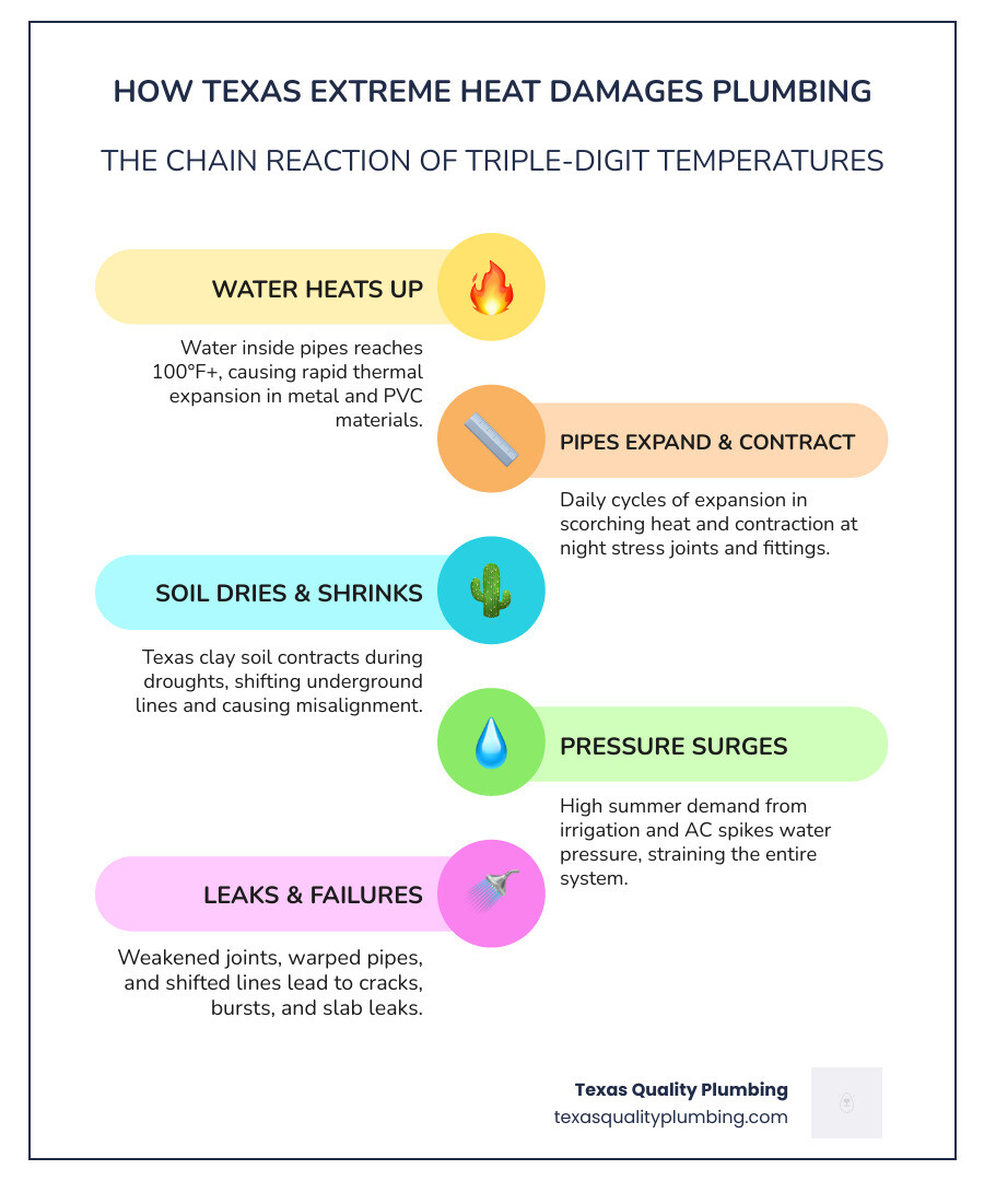 Infographic showing how triple-digit Texas heat causes pipe expansion, soil shrinkage, pressure drops, and outdoor fixture Infographic showing how triple-digit Texas heat causes pipe expansion, soil shrinkage, pressure drops, and outdoor fixture