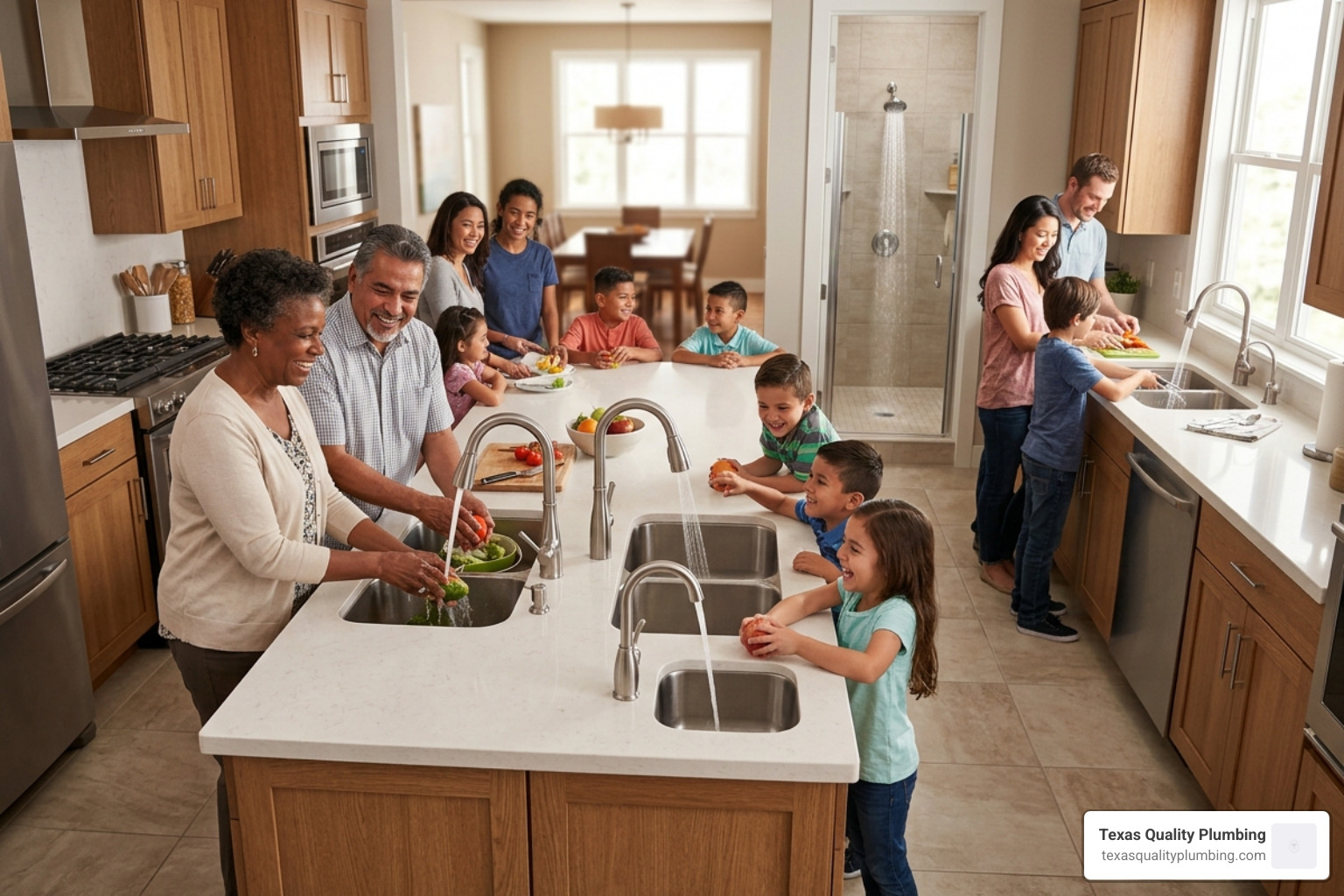Large family in a modern kitchen with multiple faucets running - is a tankless water heater worth it in texas
