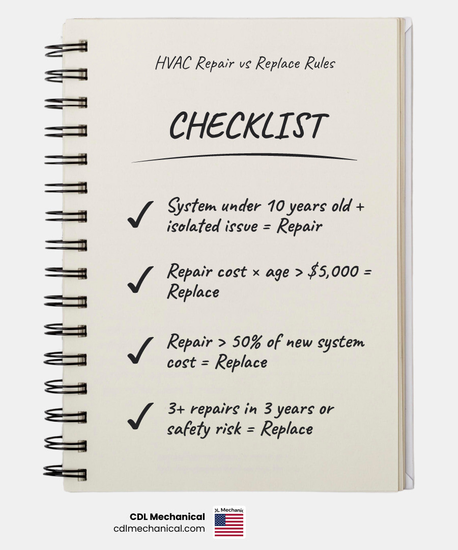 Decision matrix infographic showing HVAC repair vs replacement criteria including age thresholds cost rules and safety