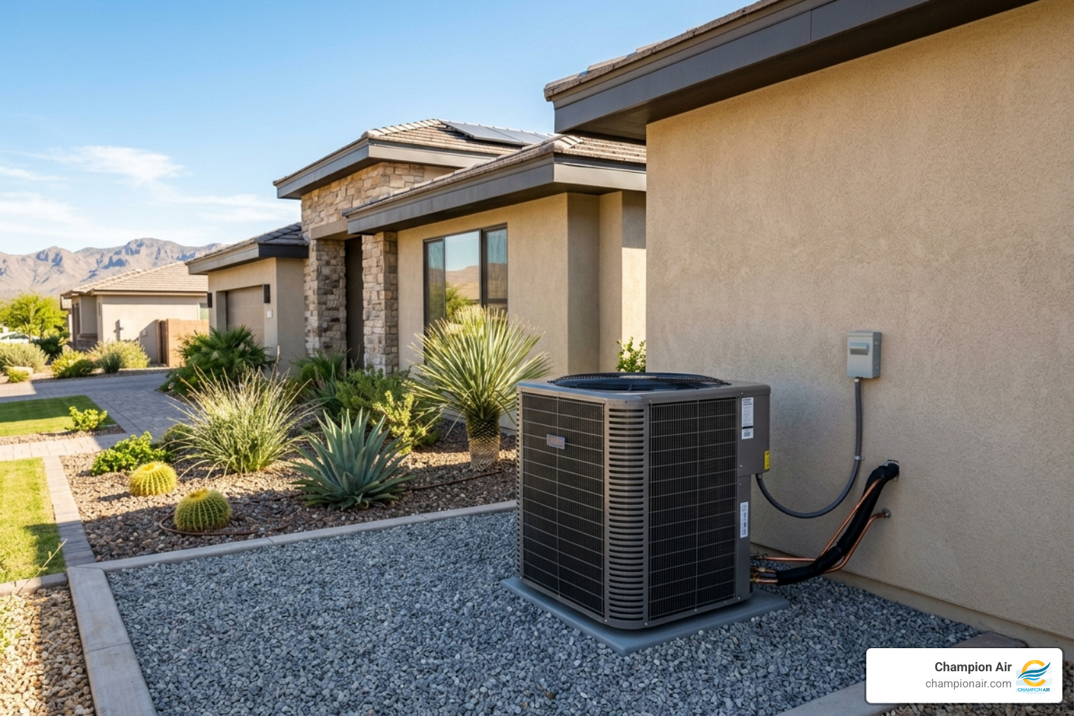 Modern high-efficiency outdoor AC unit installed on a clean gravel pad next to an Arizona home - how much does a high seer
