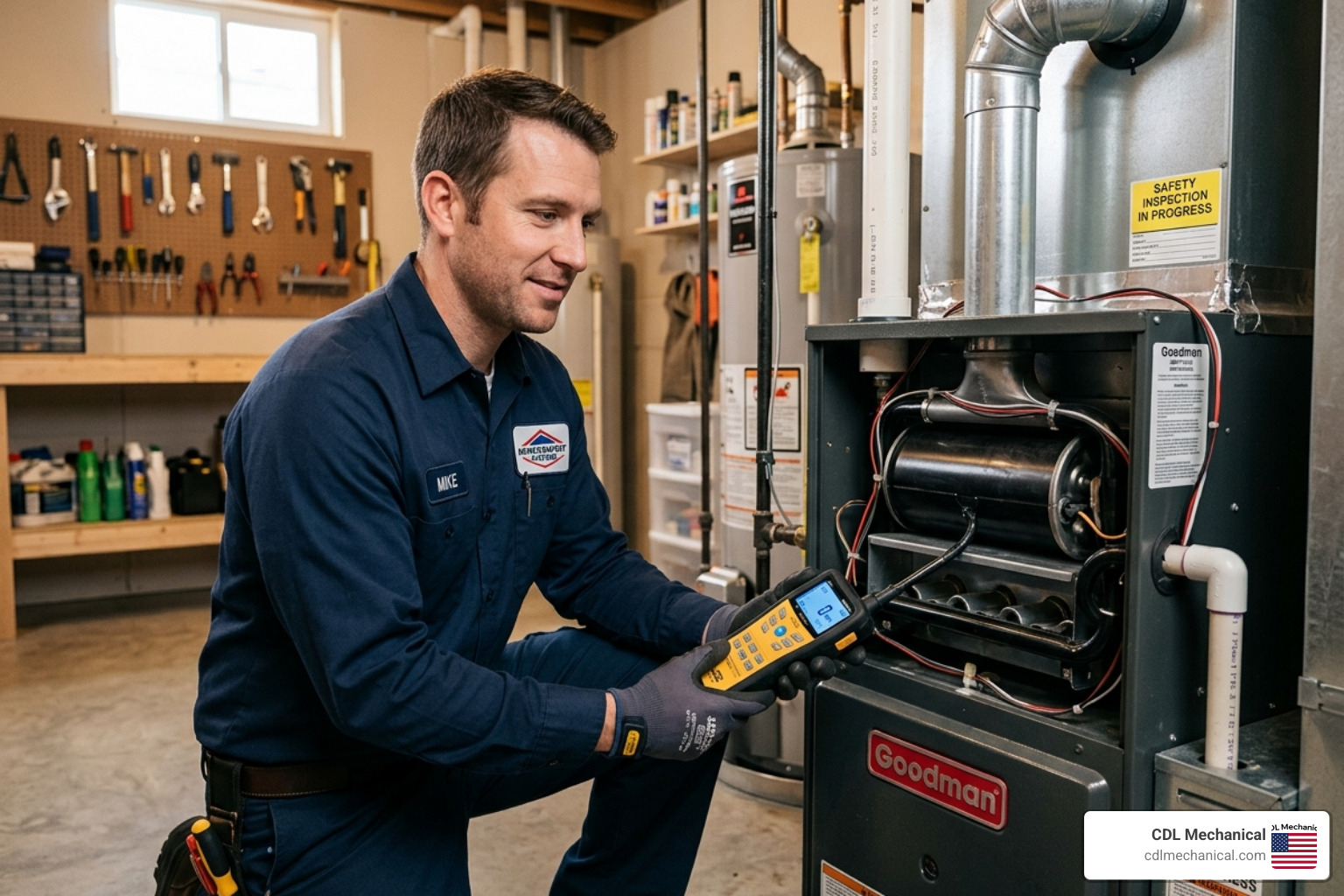 Technician using a digital detector to check for carbon monoxide leaks near a gas furnace heat exchanger - when to repair vs