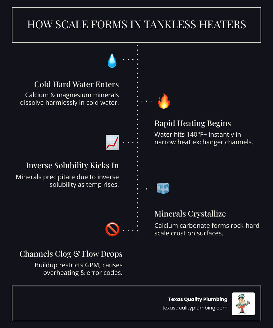Infographic showing how scale forms in tankless water heater components step by step - how scale buildup clogs tankless Infographic showing how scale forms in tankless water heater components step by step - how scale buildup clogs tankless