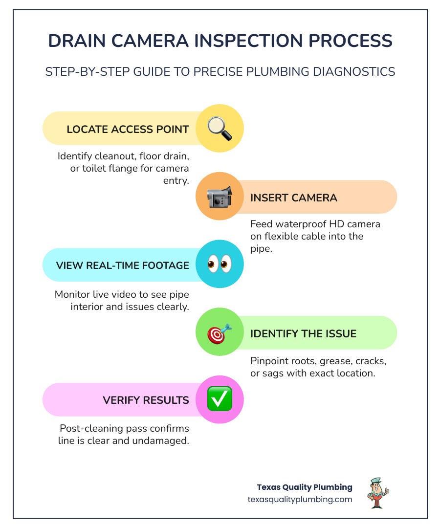 Step-by-step infographic of drain camera inspection process from access to post-cleaning verification - how camera Step-by-step infographic of drain camera inspection process from access to post-cleaning verification - how camera