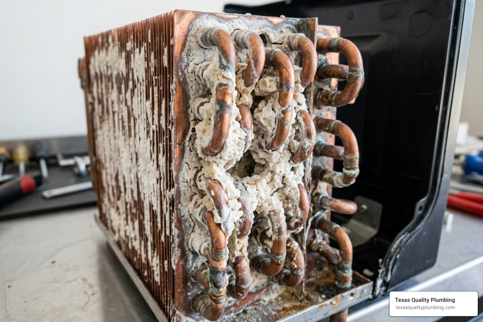 Cross-section of a tankless water heater heat exchanger clogged with white mineral deposits - how scale buildup clogs Cross-section of a tankless water heater heat exchanger clogged with white mineral deposits - how scale buildup clogs