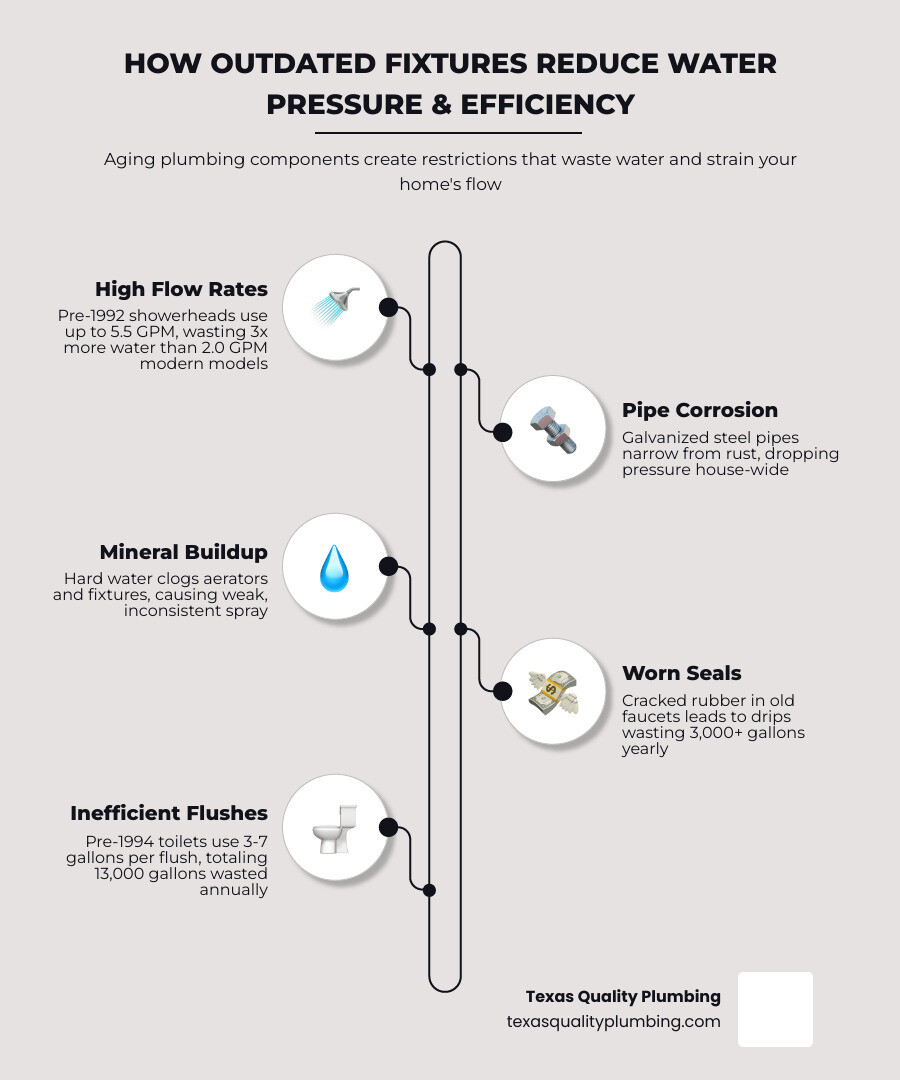 Infographic showing how outdated fixtures reduce water pressure and waste water in a home - how outdated fixtures affect Infographic showing how outdated fixtures reduce water pressure and waste water in a home - how outdated fixtures affect