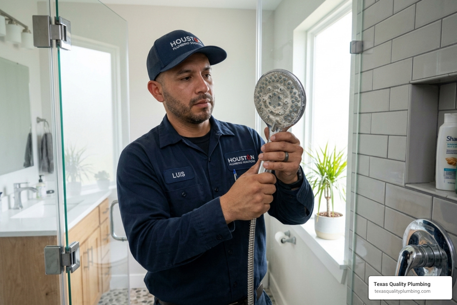 Plumber inspecting a mineral-clogged showerhead in a Houston home - how outdated fixtures affect water pressure and Plumber inspecting a mineral-clogged showerhead in a Houston home - how outdated fixtures affect water pressure and